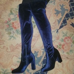 Dark blue velvet knee high boots